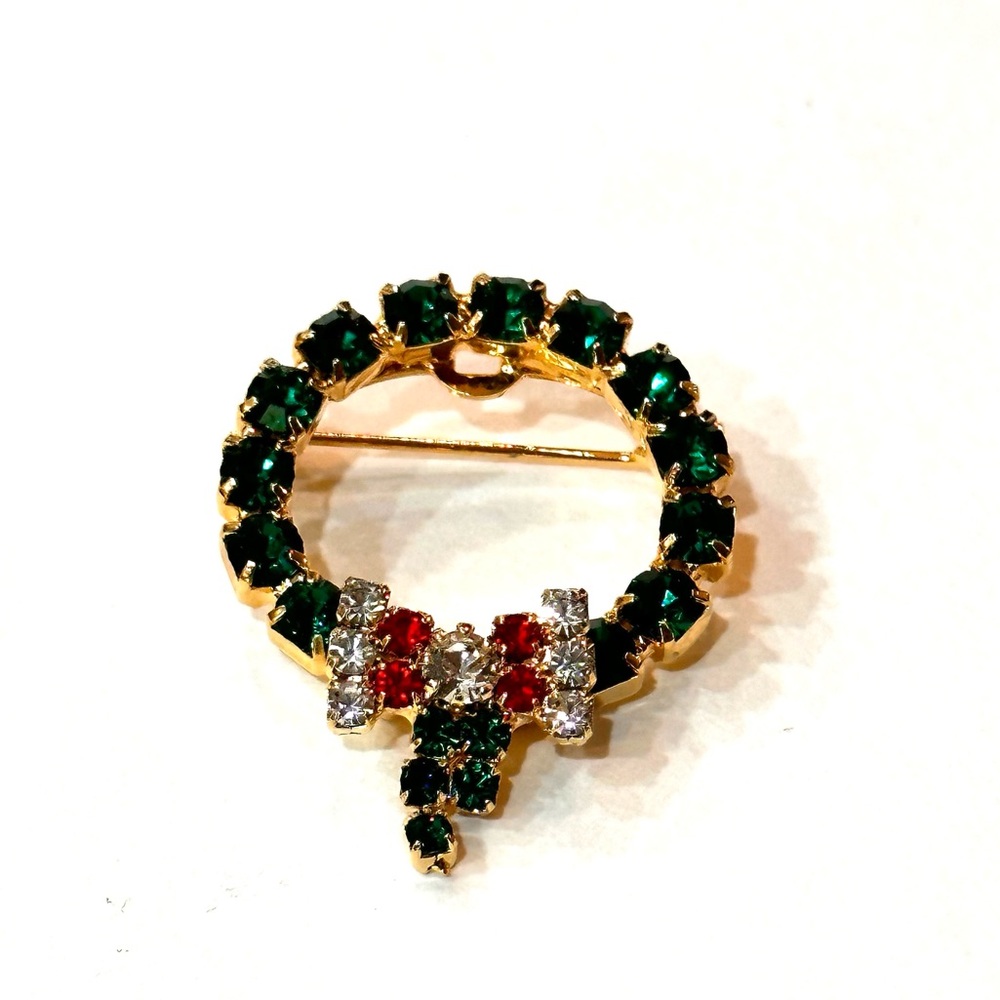 Christmas Brooch Red Green Rhinestone